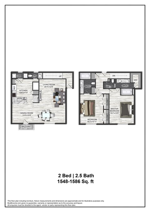 Floor plan for 2 beds, 2.5 baths, 1548 sqft